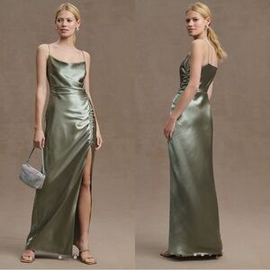 NWT Sachin & Babi Jennings Ruched Hammered Satin Side-Slit Green Gown Sz 12